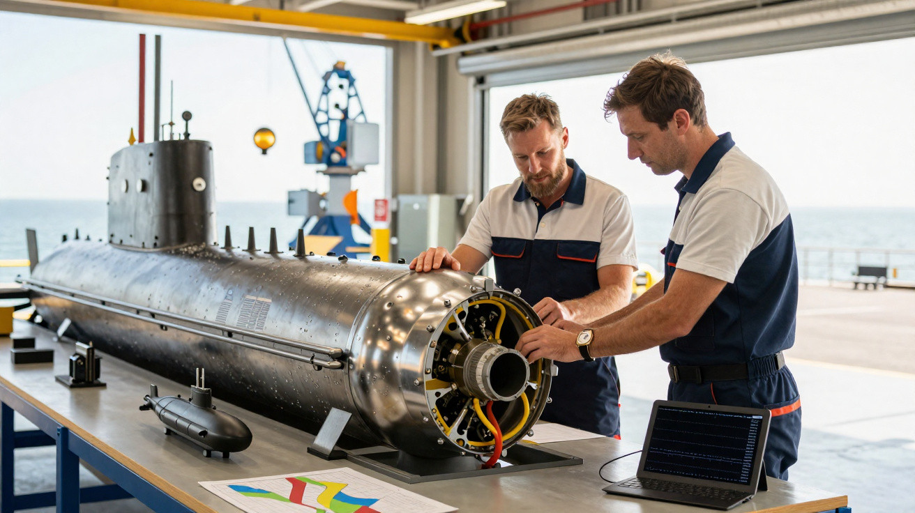 Zwei Techniker untersuchen im Hafen eine U-Boot-Technik, daneben Laptop und bunte Diagramme auf dem Tisch.