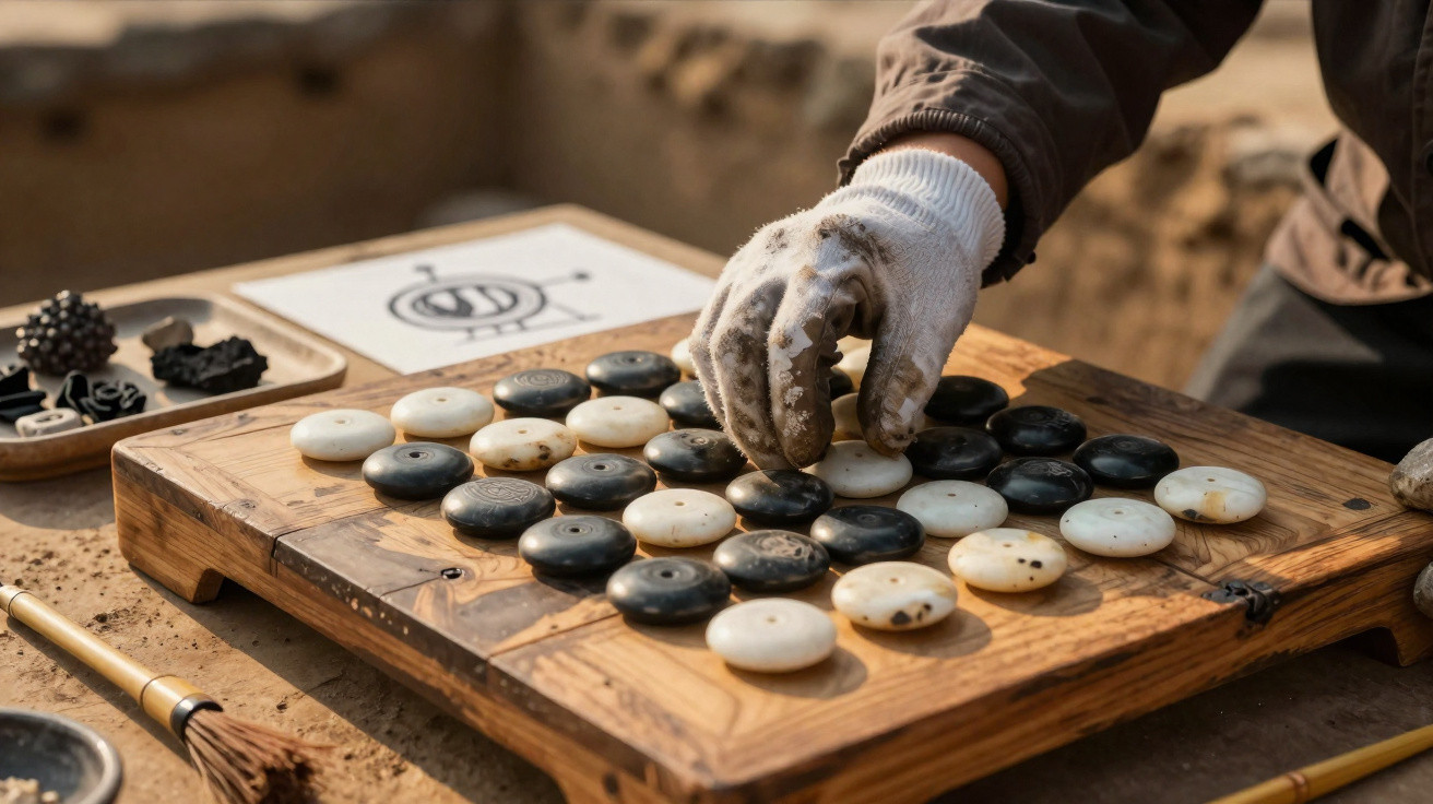 Hand mit weißem Handschuh setzt schwarzen Spielstein auf ein hölzernes Go-Brett im Freien.