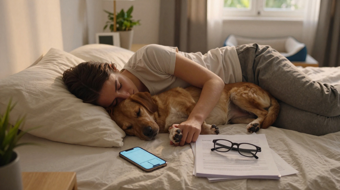 Frau schläft mit Hund auf Bett, neben Smartphone, Brille und Dokumenten in gemütlichem Zimmer.