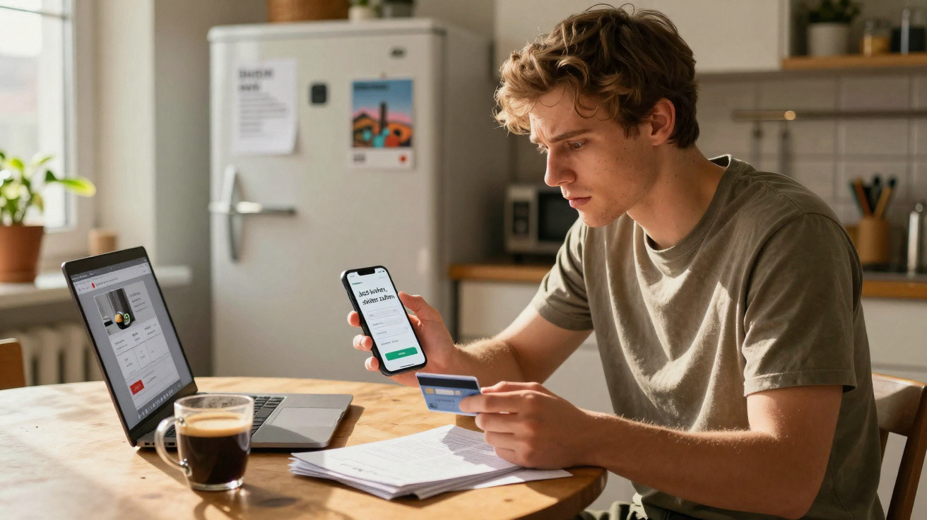 Junger Mann tätigt Onlinezahlung mit Smartphone und Kreditkarte am Küchentisch neben Laptop und Kaffee.