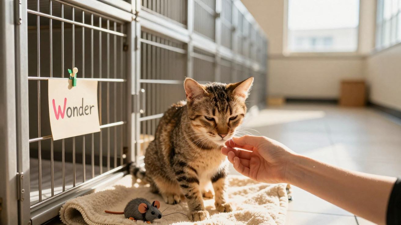 Katze sitzt auf Decke in Tierheimzelle, wird von Hand gefüttert, Schild mit Namen "Wonder" hängt am Gitter.