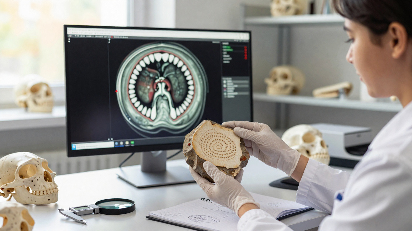 Wissenschaftlerin untersucht mit Handschuhen ein Fossil, im Hintergrund Computermonitor mit 3D-Scan.