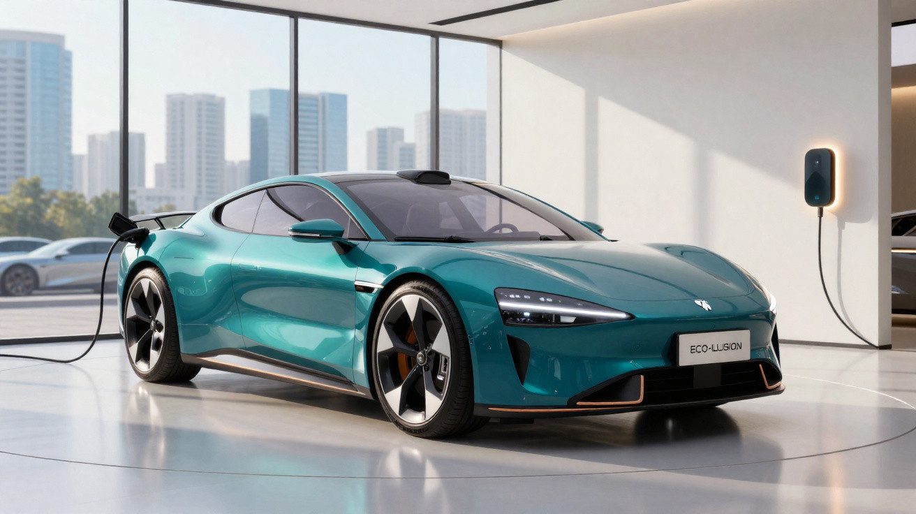 Elektrisches Sportauto in türkis lädt an Ladestation in modernem Showroom mit Stadtblick im Hintergrund.