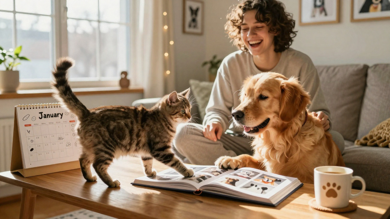 Frau lacht im Wohnzimmer, streichelt Hund neben Katze auf dem Tisch mit Kalender und Buch.