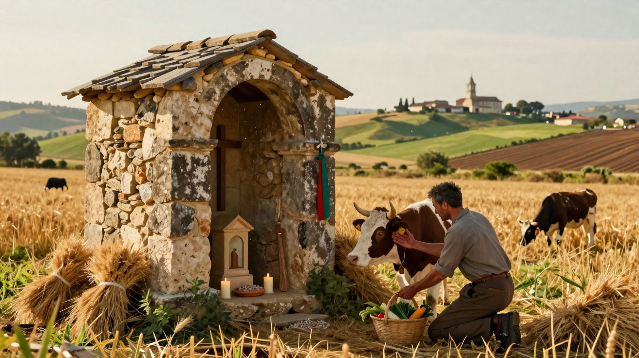 Mann knieend vor einer kleinen steinernen Kapelle auf Feld mit Kuh und Erntekorb an sonnigem Tag