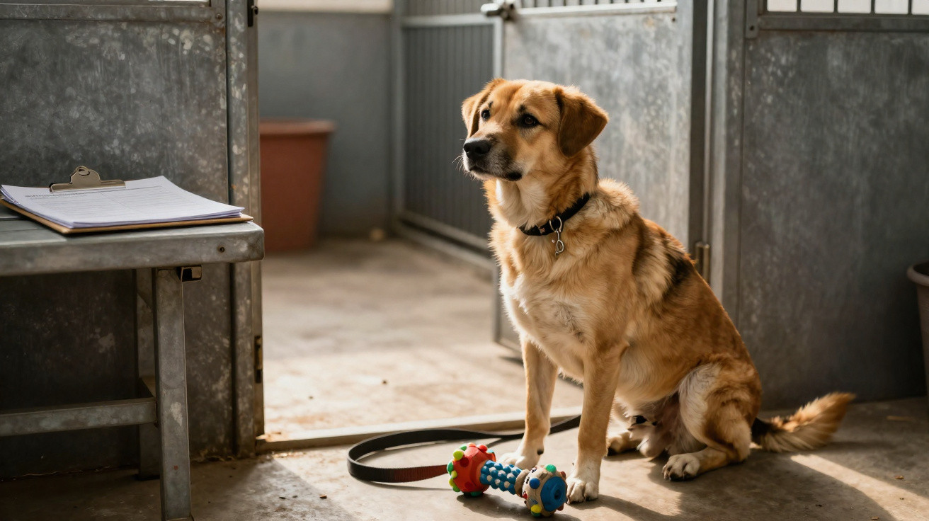 Ein brauner Hund sitzt in einem Tierheim-Zwinger neben einem Spielzeug und einem geöffneten Tor.