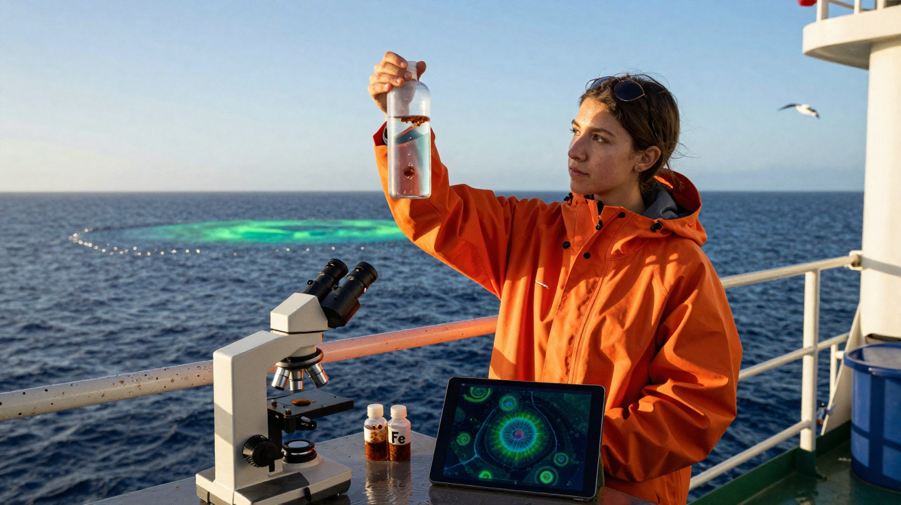 Frau in oranger Jacke untersucht Wasserprobe auf Forschungsschiff mit Mikroskop und Tablet auf Deck.