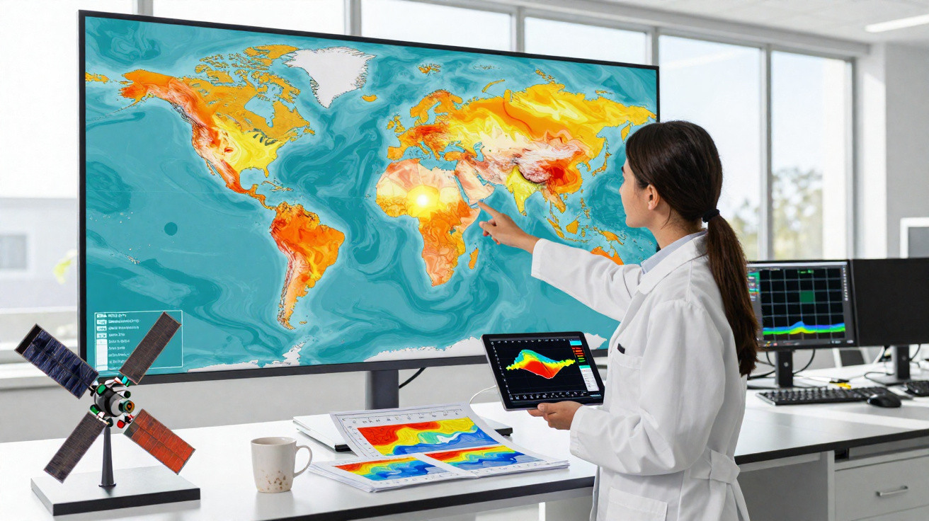 Wissenschaftlerin im Labor analysiert Temperaturdaten auf Weltkarte und Tablet vor Monitoren und Satellitenmodell.