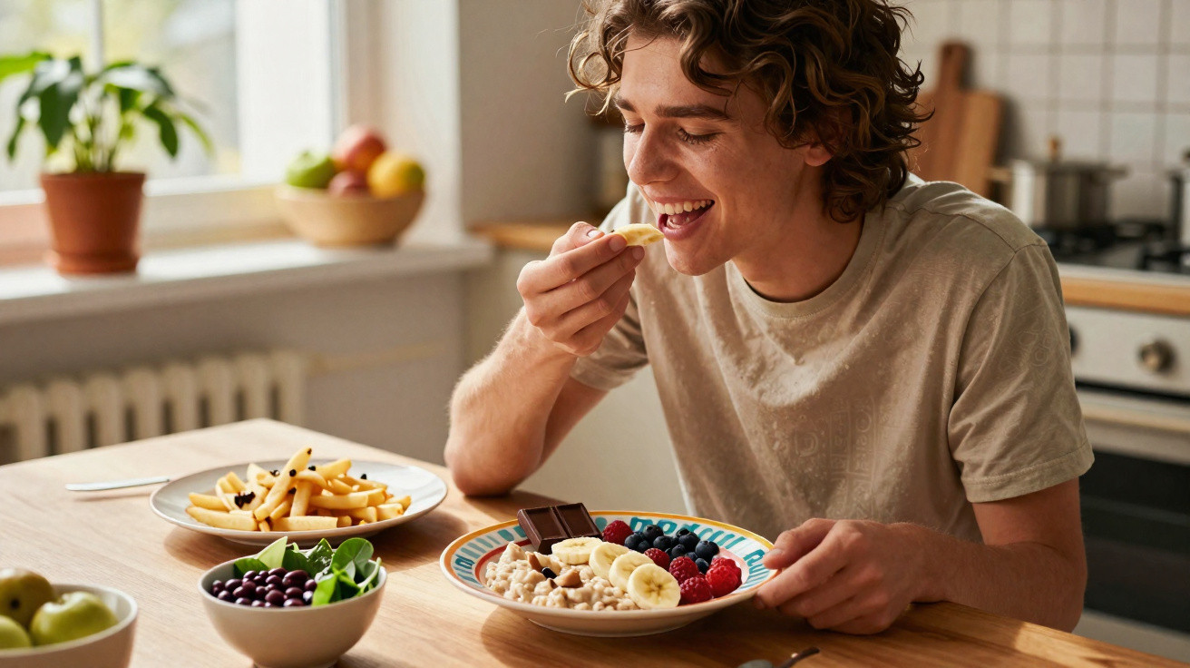Junger Mann isst Frühstück mit Bananen, Beeren, Haferflocken und dunkler Schokolade in der Küche.