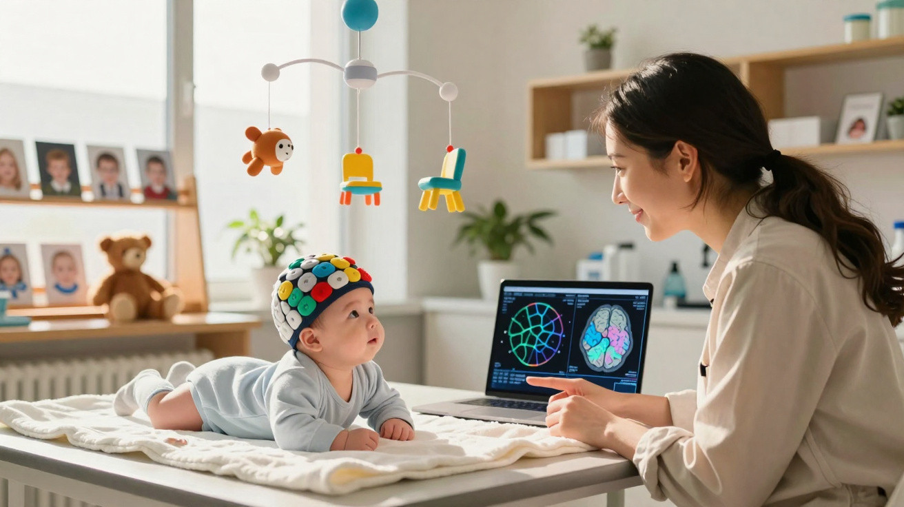 Baby mit EEG-Hut auf Wickeltisch, beobachtet Mobile, während Frau Gehirnscans auf Laptop zeigt.
