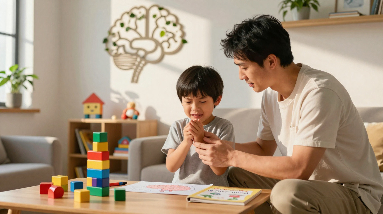 Vater erklärt spielerisch Gehirnfunktionen, während Sohn am Tisch mit bunten Bauklötzen lernt.