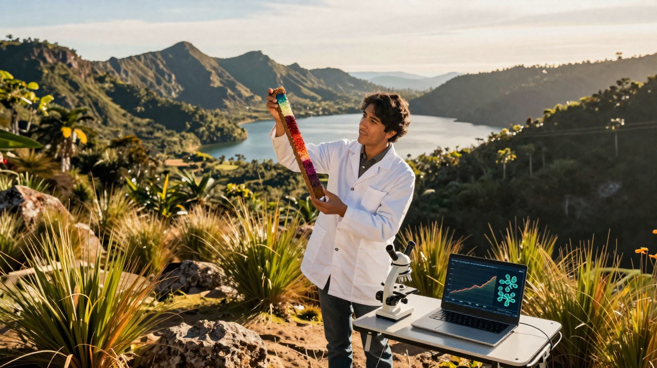 Wissenschaftler mit Laborkittel hält bunte Pflanzenprobe, stehend vor Berglandschaft mit See und Laptop mit Grafiken.