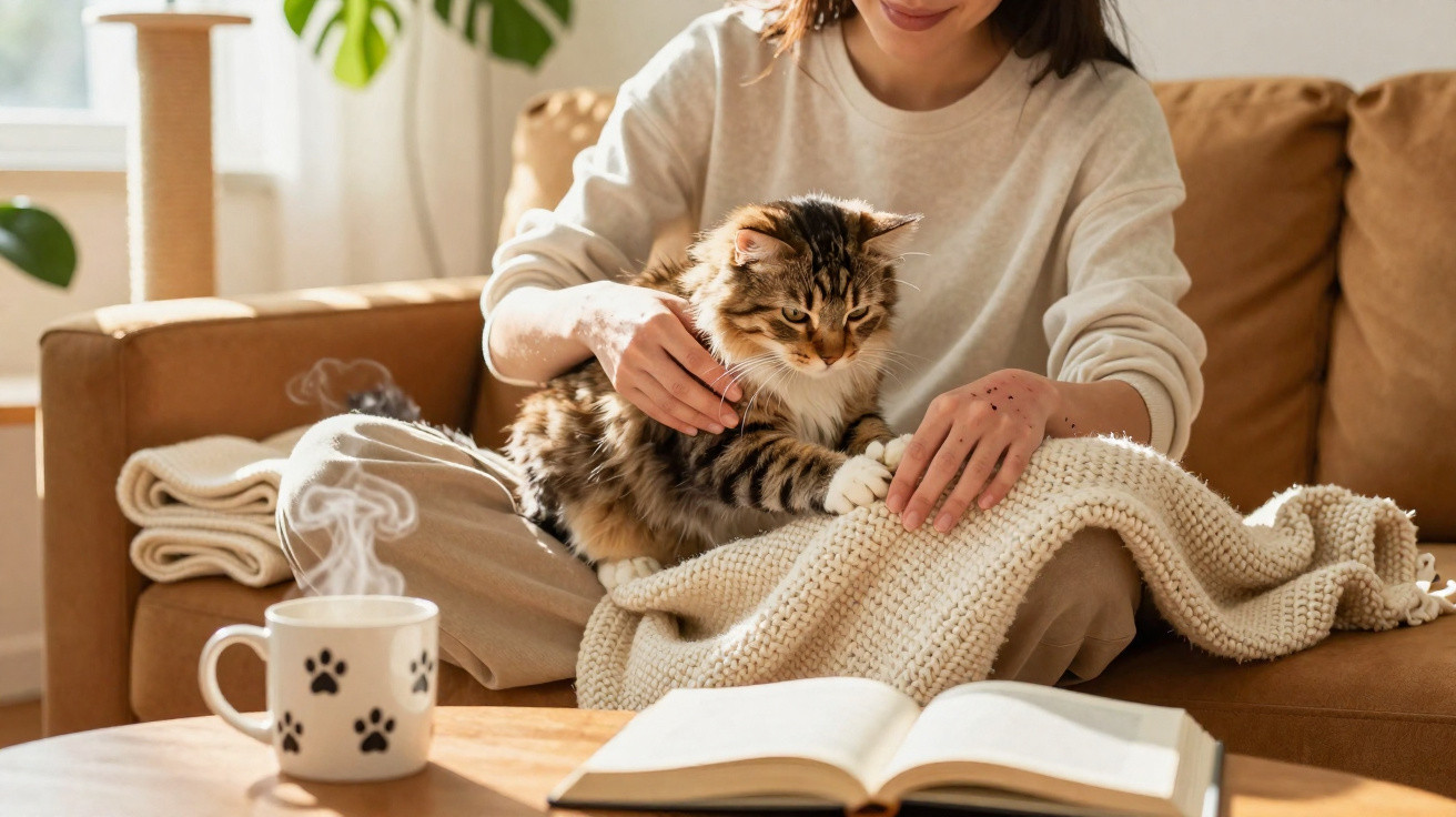 Frau sitzt auf Sofa mit einer getigerten Katze auf dem Schoß, Buch und dampfender Tasse vor ihr.