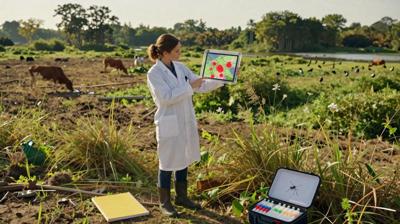 Wissenschaftlerin im weißen Kittel zeigt auf Tablet mit Karte in einer grünen Wiese mit grasenden Kühen.