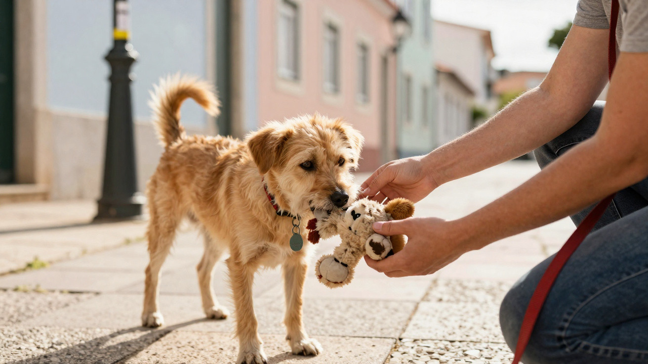 Kleiner brauner Hund spielt auf Pflasterstraße mit Stofftier, Mensch hält Spielzeug vor ihm.