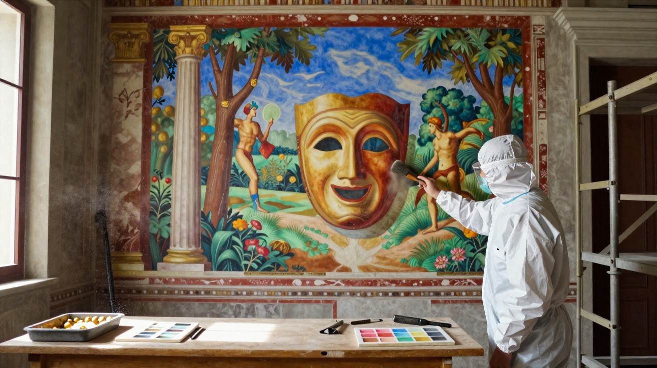 Person in Schutzanzug restauriert bunte Wandmalerei mit goldener Theatermaske und antiken Figuren.
