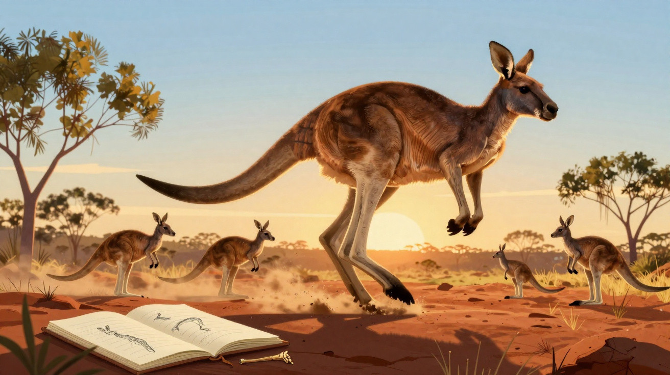 Eine Gruppe springender Kängurus in der australischen Landschaft bei Sonnenuntergang mit einem aufgeschlagenen Buch im Vorder