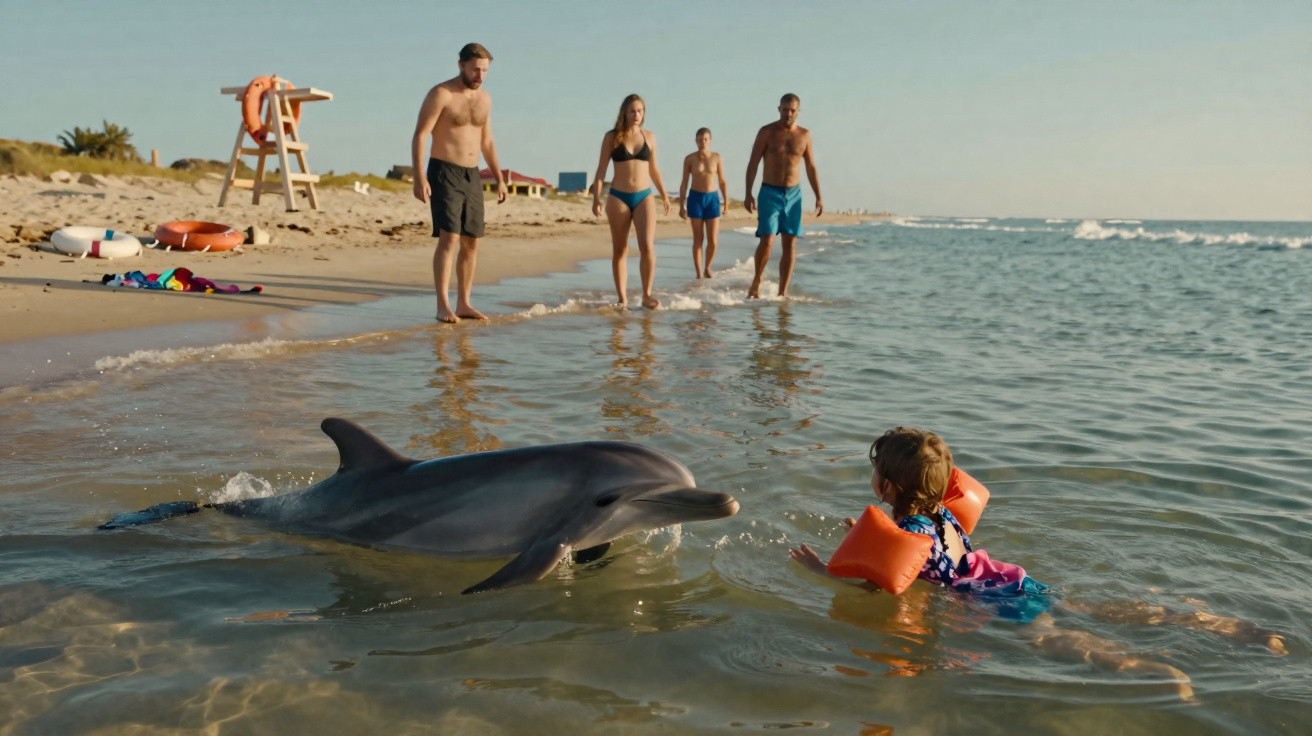 Ein Kind mit Schwimmflügeln spielt im flachen Meer mit einem Delfin, während vier Erwachsene am Strand zuschauen.