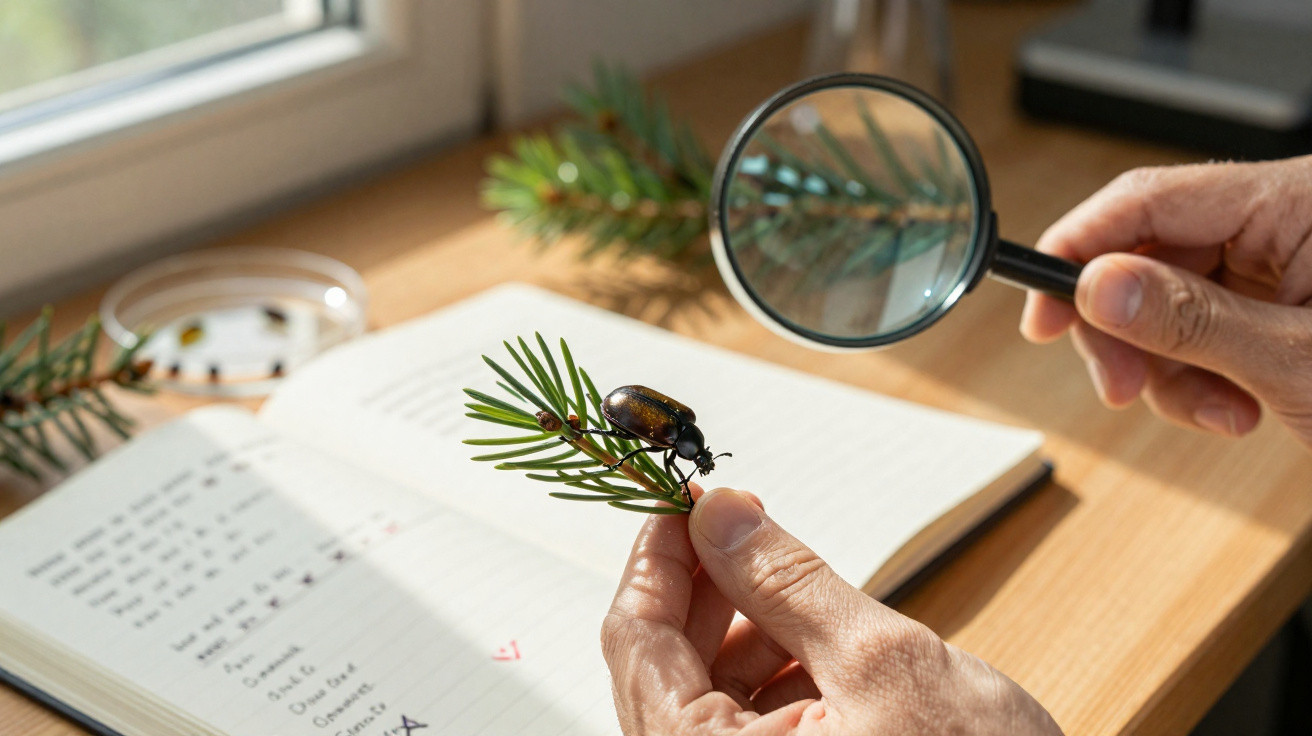 Hand mit Tannenzweig und Käfer, Lupe hält Person über offenem Notizbuch auf Holztisch.