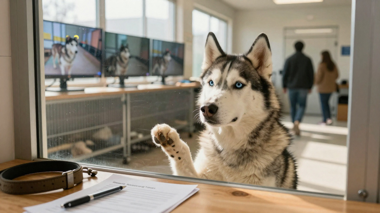 Sibirischer Husky mit blauen Augen lehnt sich an eine Glasscheibe in einem hellen Büroraum.