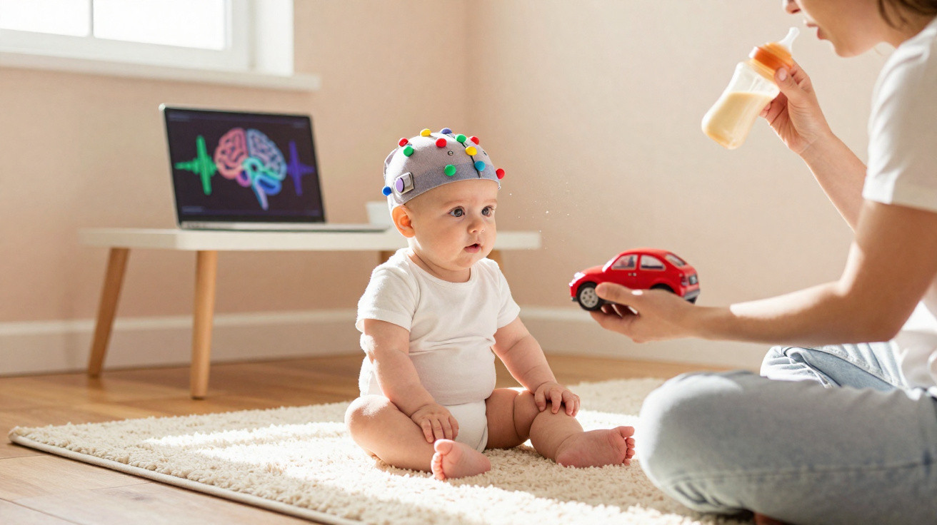 Baby mit EEG-Mütze sitzt auf Teppich, während Erwachsene Spielzeugauto zeigt und Milchflasche hält.