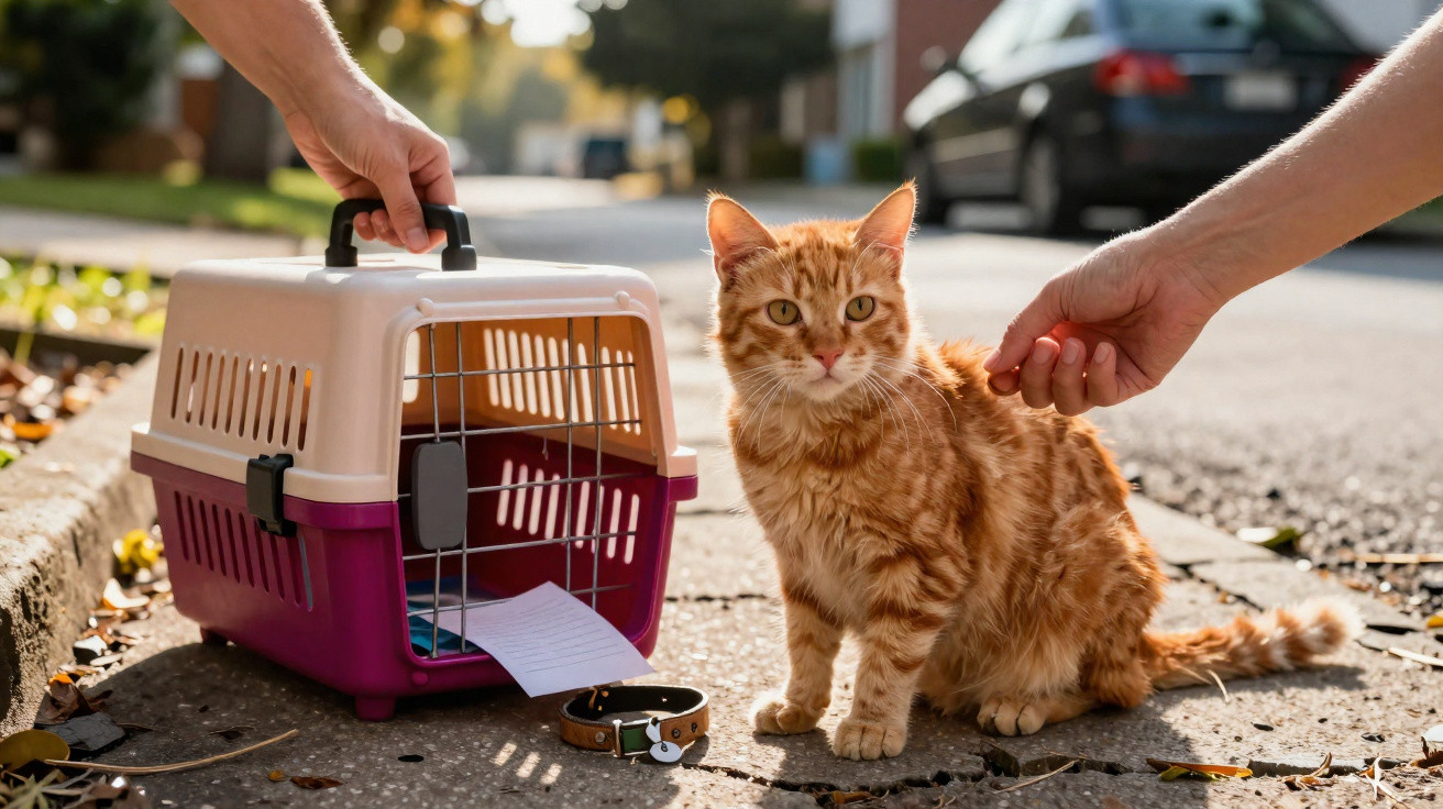 Rote Katze sitzt auf dem Gehweg neben Katzenkorb und Halsband, Person streichelt die Katze.