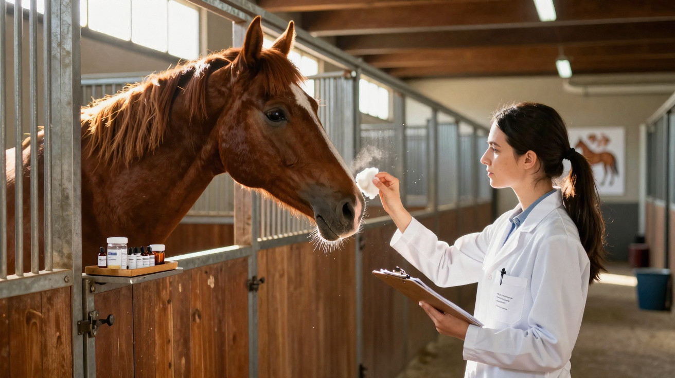 Tierärztin untersucht vorbeugend ein braunes Pferd in einem Stall, hält Klemmbrett und Tupfer in der Hand.