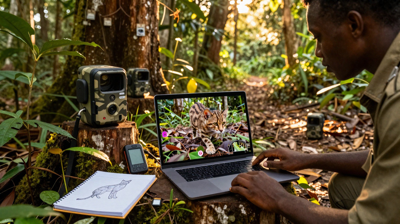 Forscher im Wald beobachtet auf Laptop und Notizbuch eine Wildkatze, umgeben von Überwachungskameras.