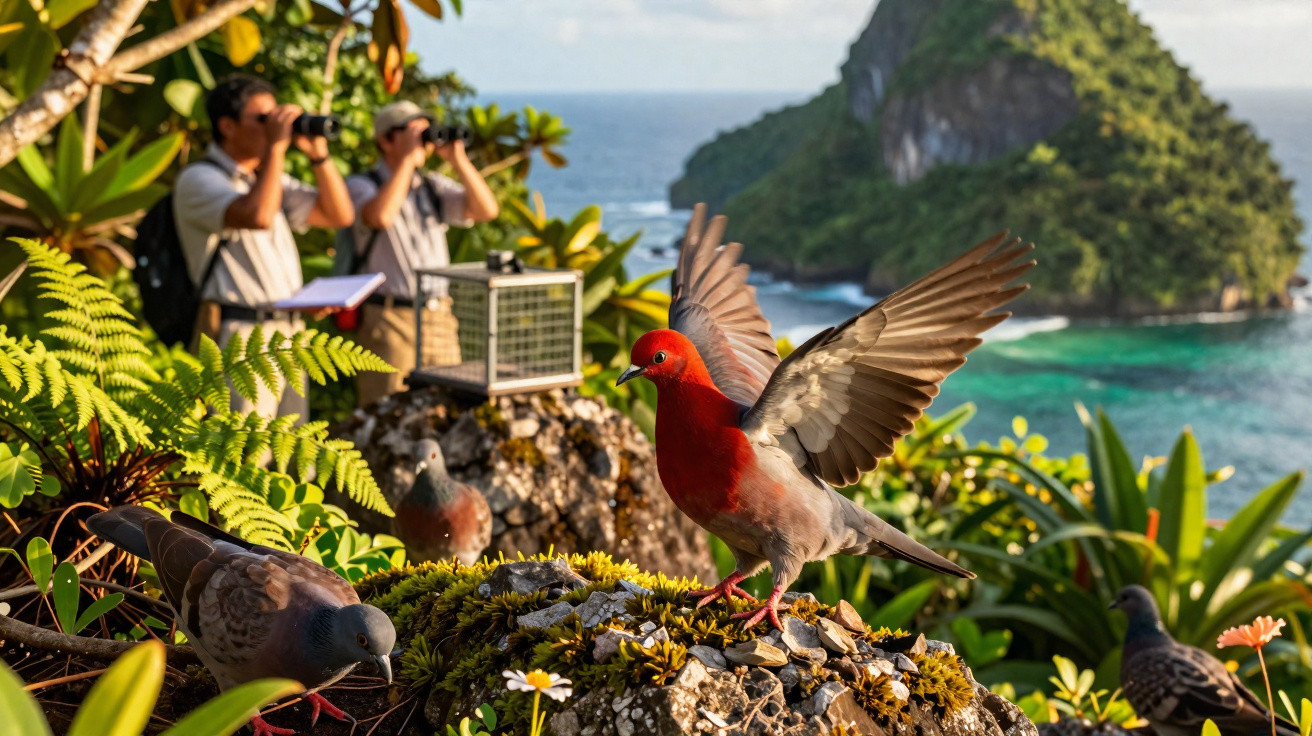 Vögel sitzen auf Moos und Steinen in einer tropischen Landschaft mit zwei Vogelbeobachtern im Hintergrund.
