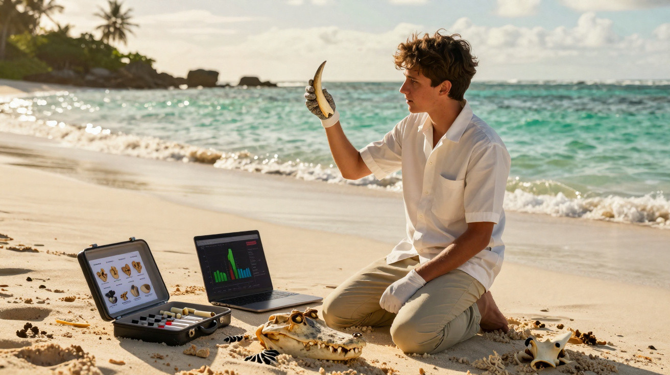 Mann untersucht Krokodilschädel am Strand mit Laptop und Probenkoffer bei Sonnenuntergang.
