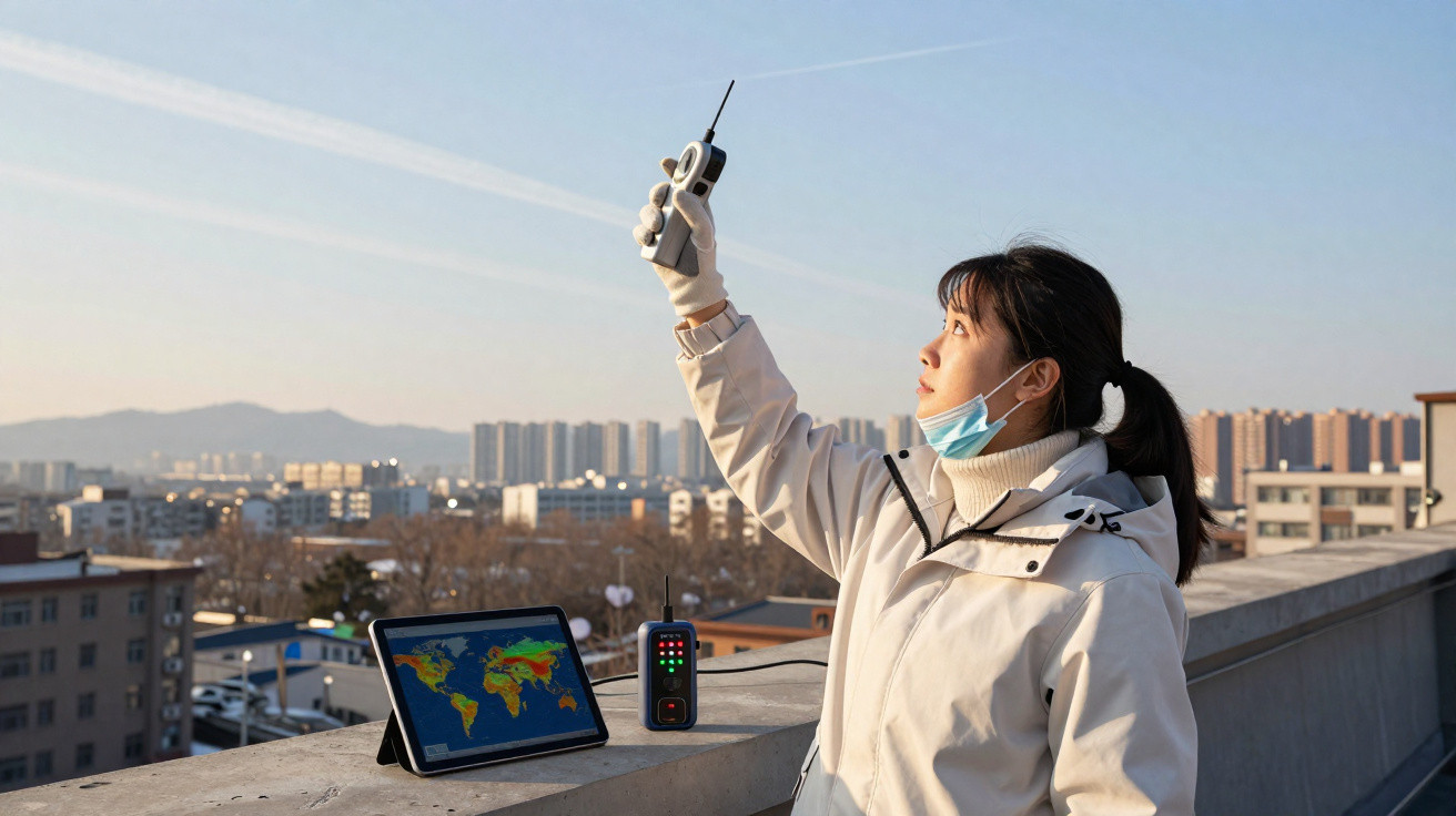 Frau mit Maske auf der Stirn nutzt Walkie-Talkie auf Dach mit Stadt und Bergen im Hintergrund.