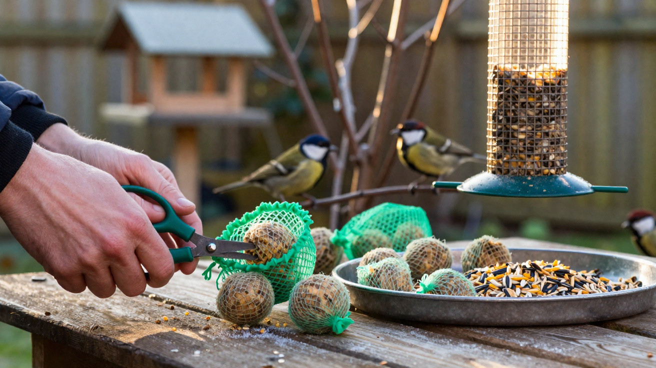 Person schneidet Vogelfutterknödel mit Schere, Vögel sitzen am Futterspender im Garten.
