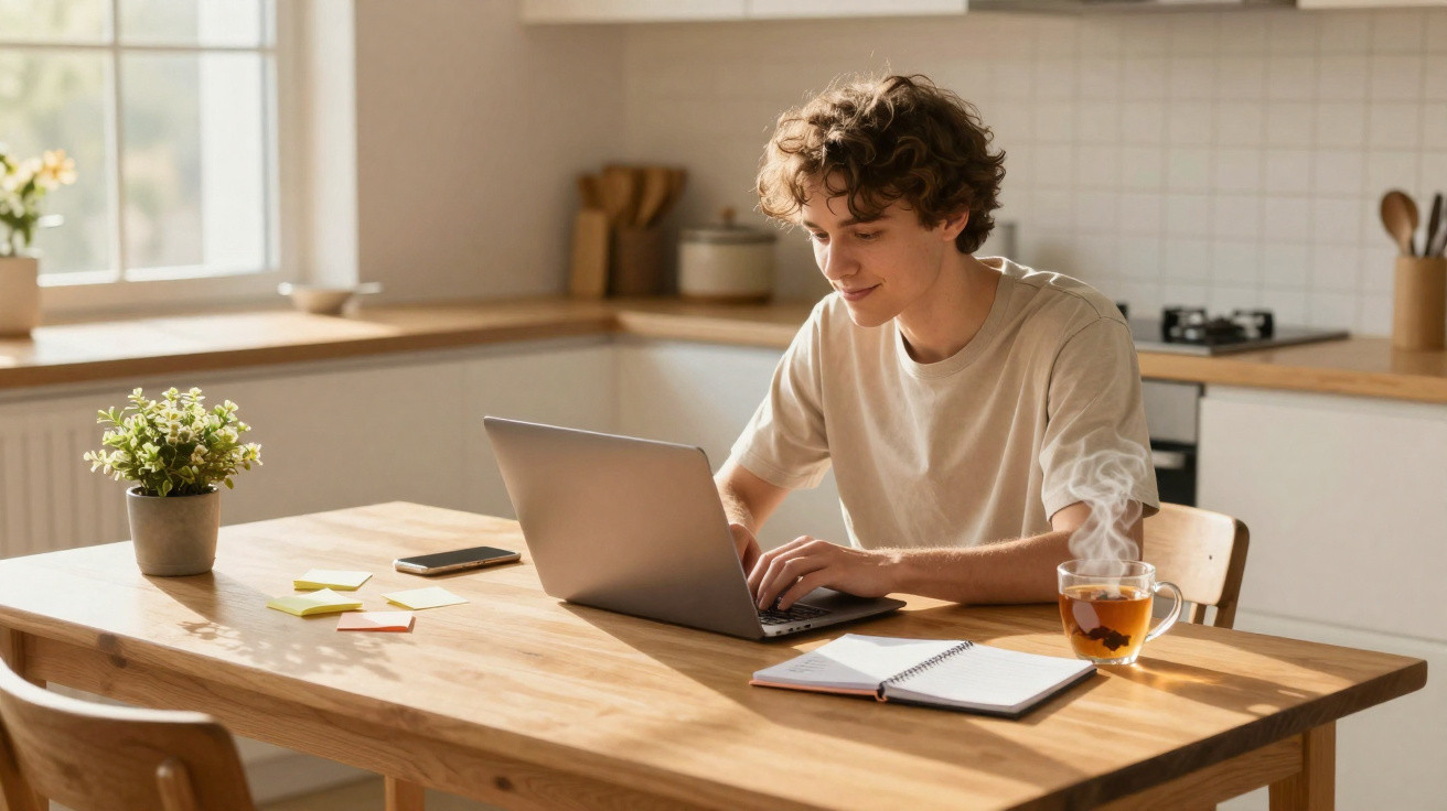Junger Mann arbeitet am Laptop an einem Holztisch in heller Küche mit Tee, Smartphone und Notizbuch.