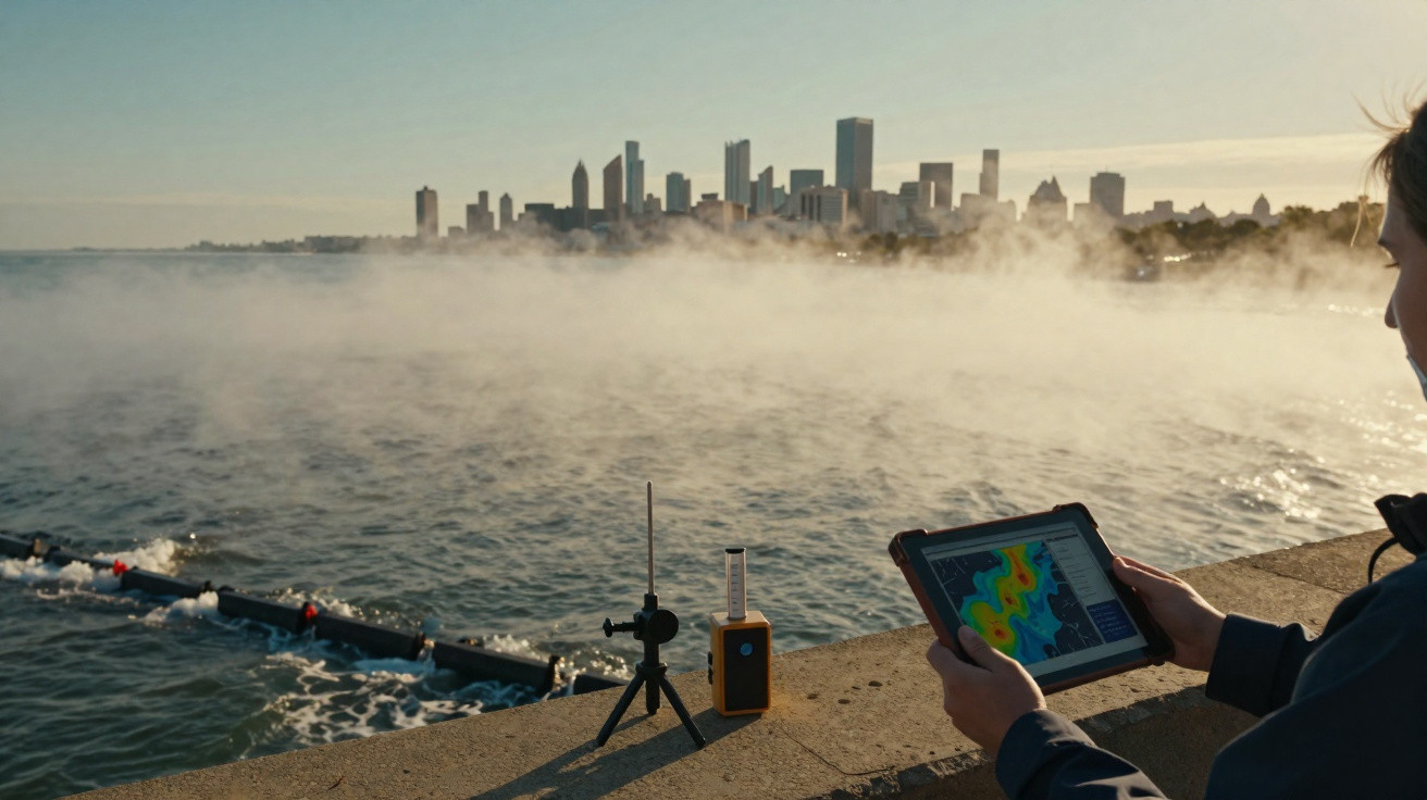 Person nutzt Tablet zur Messung am nebligen Seeufer mit Stadt-Skyline im Hintergrund.