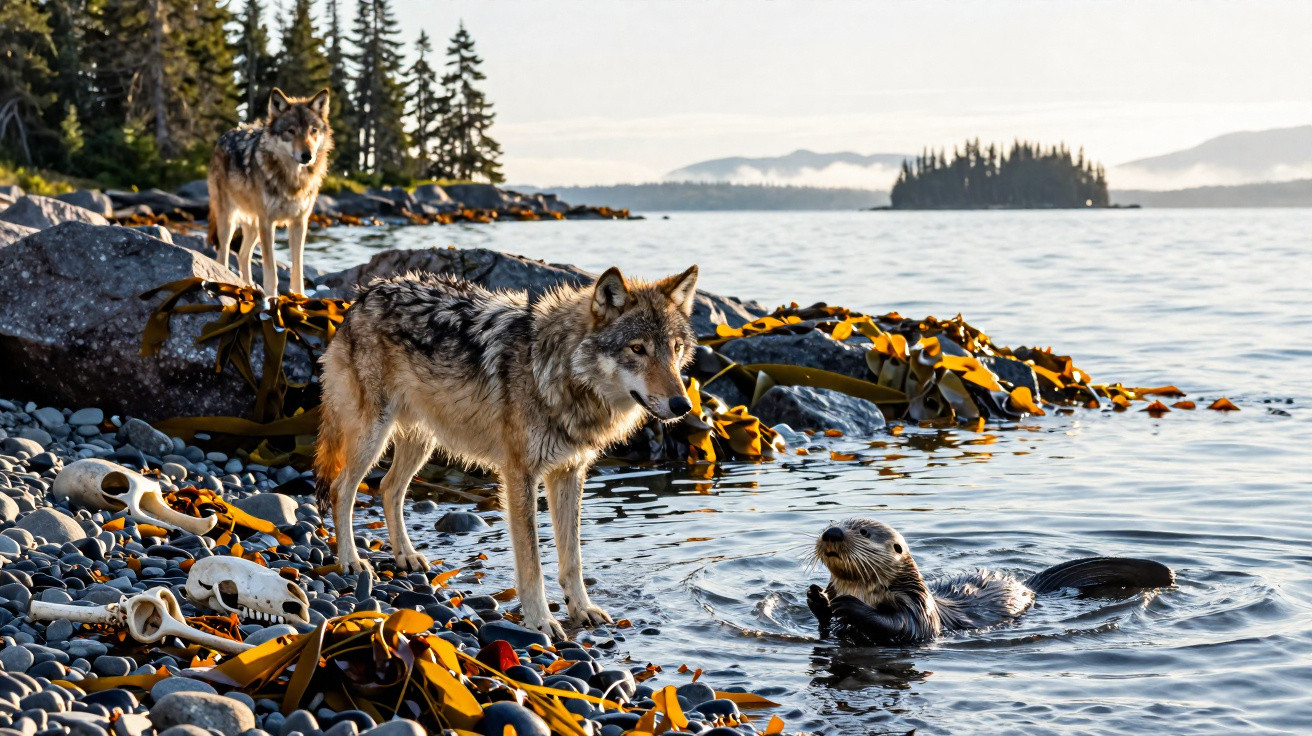 Ein Wolf am Felsenstrand blickt auf einen Seeotter im Wasser, umgeben von Algen und Tierknochen.