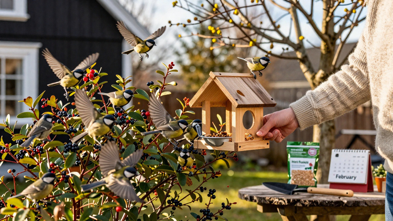 Hand füttert Kohlmeisen an einem Holzvogelfutterhaus im Garten im Februar.