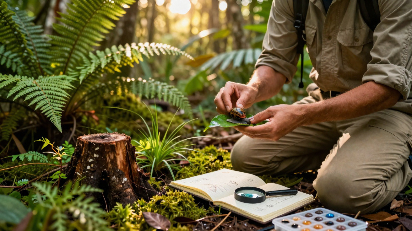 Forscher untersucht Schnecke im Wald, umgeben von Pflanzen, Notizbuch und Lupe auf moosigem Boden.