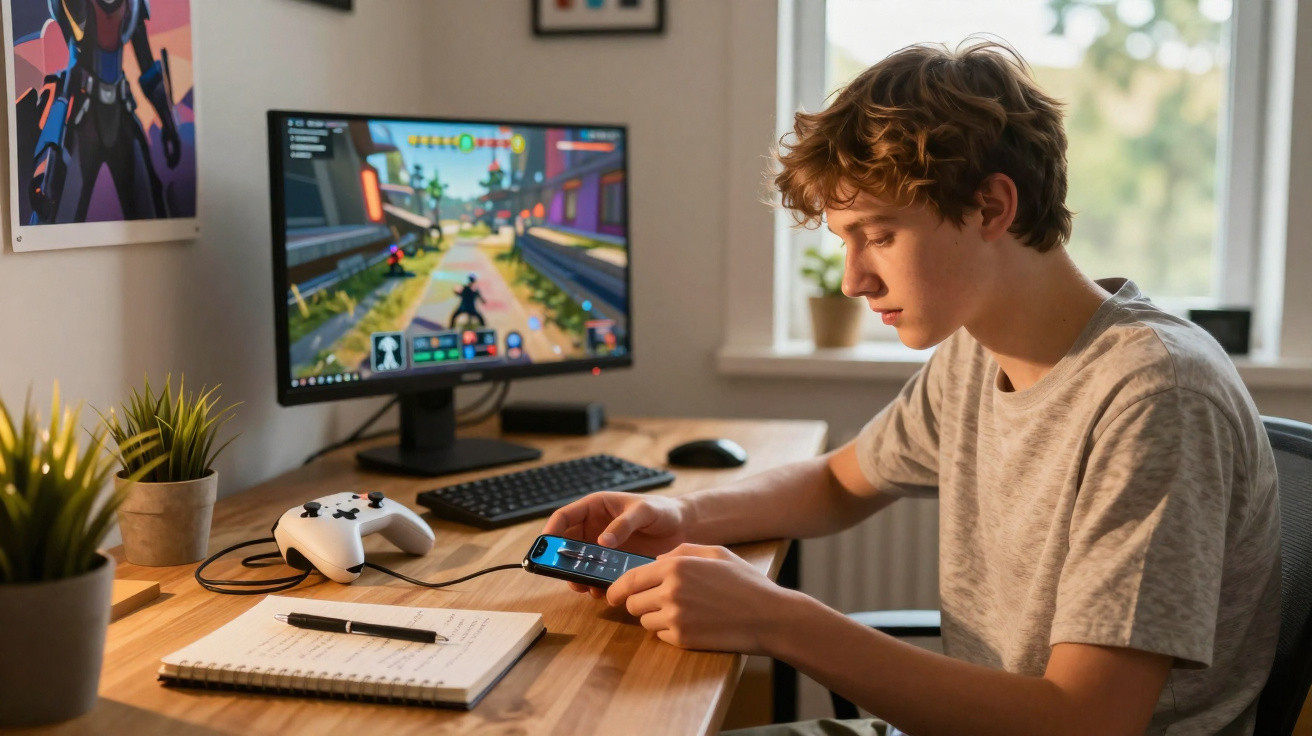 Jugendlicher sitzt am Schreibtisch mit Handy, Computerbildschirm zeigt ein Videospiel, Notizblock und Controller liegen berei