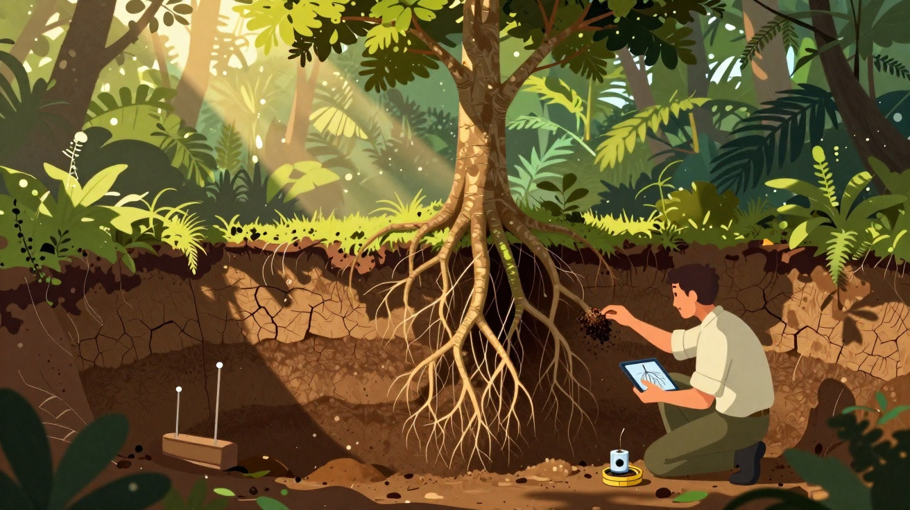 Wissenschaftler untersucht Baumwurzel im Wald mit Tablet und Bodenproben im aufgehenden Sonnenlicht.
