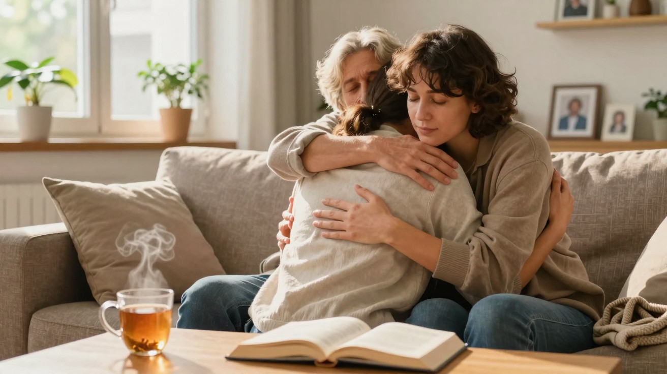 Drei Menschen umarmen sich auf einem Sofa in einem warmen Wohnzimmer mit Tee und offenem Buch.