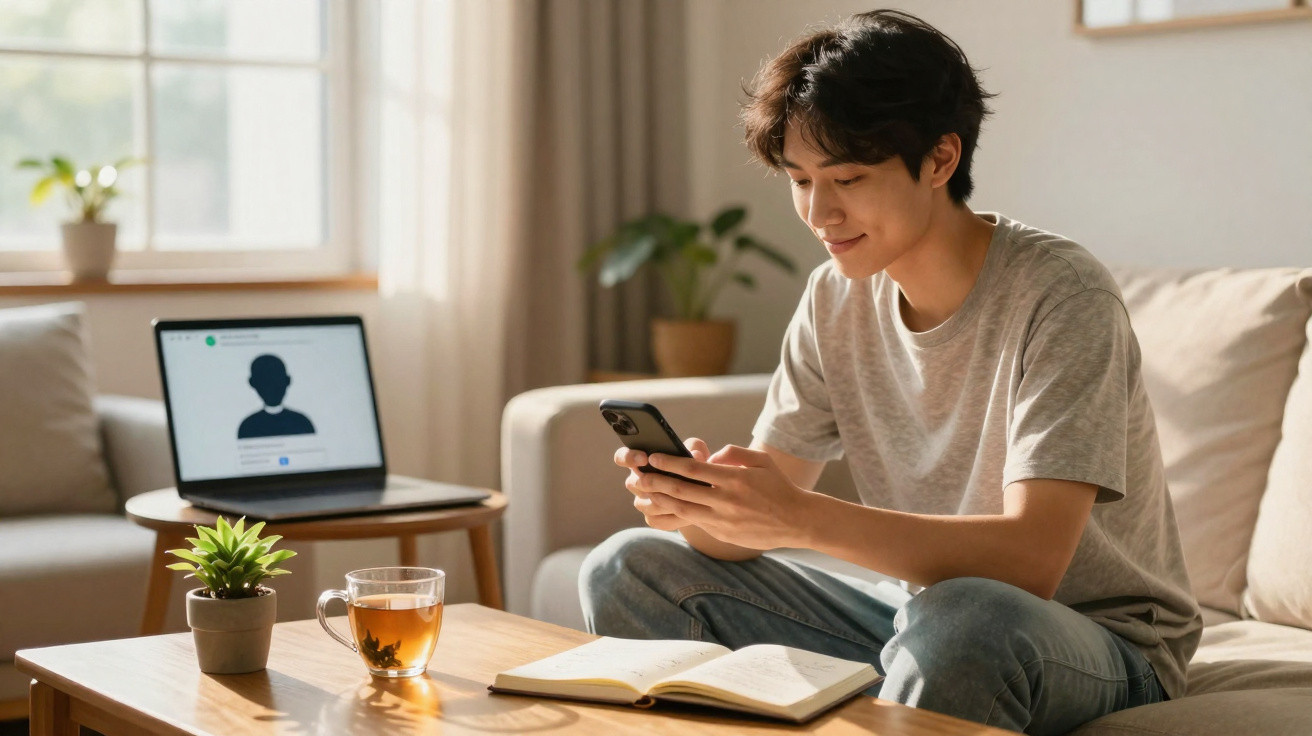Junger Mann nutzt Smartphone im Wohnzimmer, Laptop mit Videokonferenz im Hintergrund, gemütliche Umgebung.