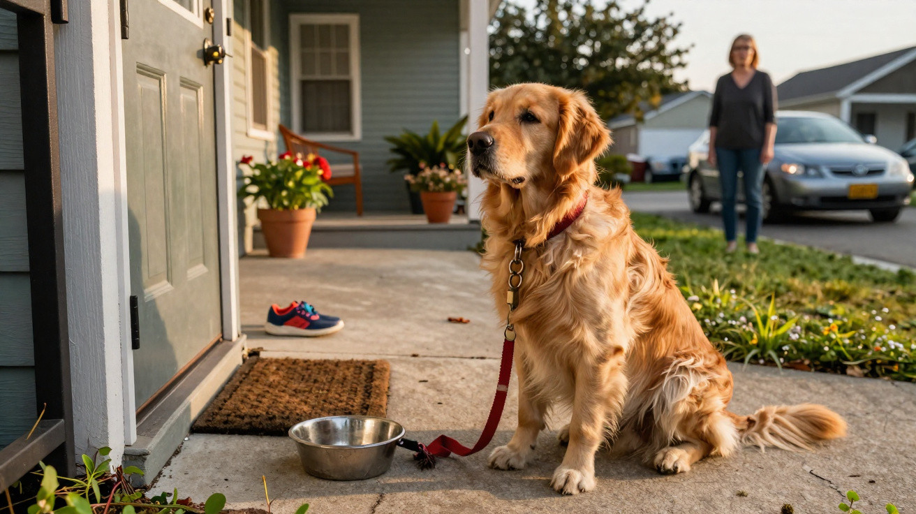 Golden Retriever sitzt angeleint vor Haustür neben Wassernapf, Frau und Auto im Hintergrund sichtbar.