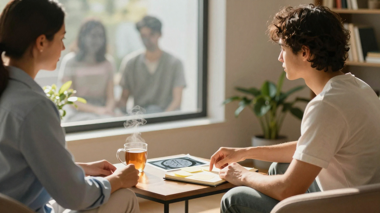 Zwei Menschen sitzen am Tisch, sprechen bei Tee, im Hintergrund zwei weitere Personen durch Fenster sichtbar.