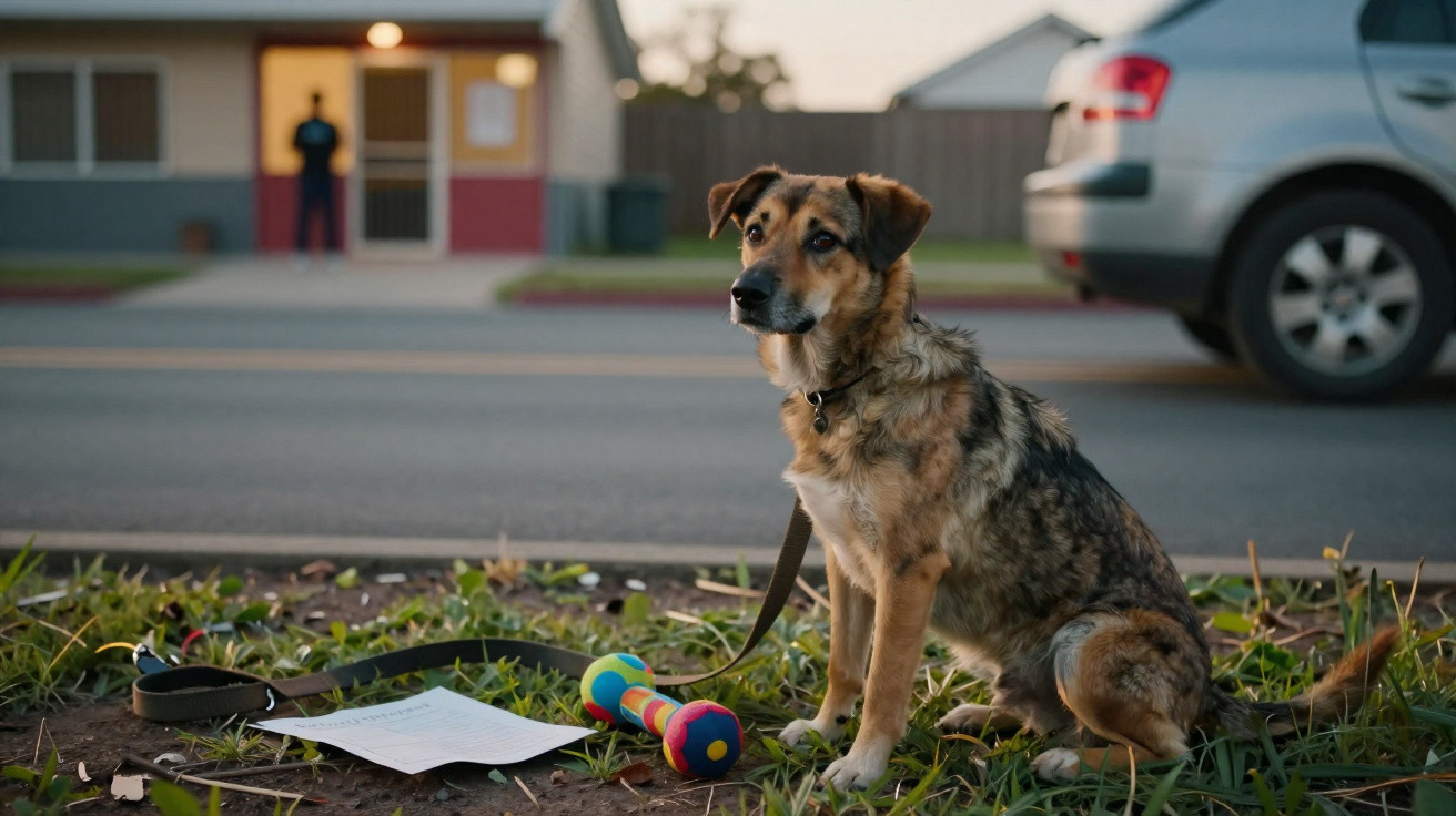 Hund sitzt an der Leine auf dem Boden mit Spielzeug und Papier, im Hintergrund eine Straße und ein Gebäude.