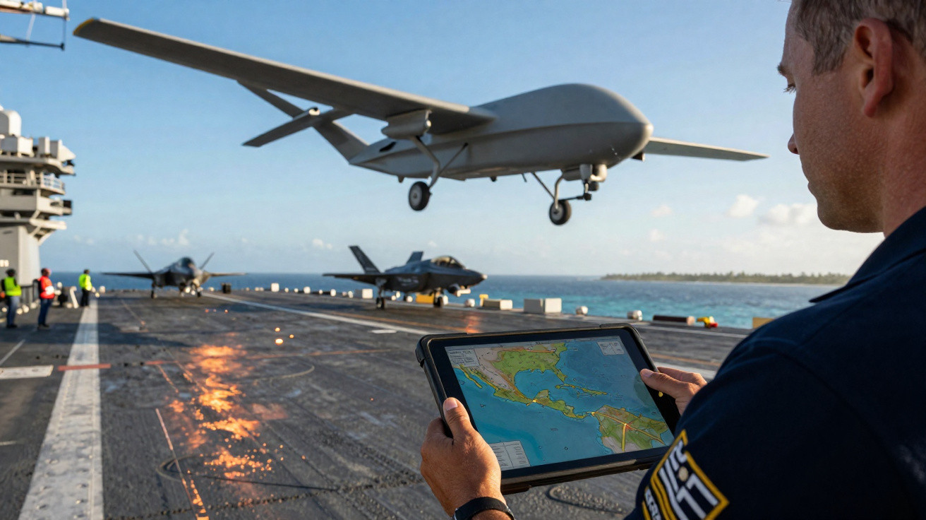 Person steuert Drohne mit Tablet auf Flugdeck eines Kriegsschiffs, zwei Jets im Hintergrund, Meer sichtbar.
