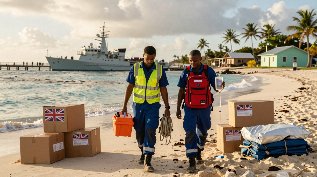 Zwei Rettungskräfte mit Ausrüstung gehen am Strand, im Hintergrund ein Schiff und Palmen bei bewölktem Himmel.