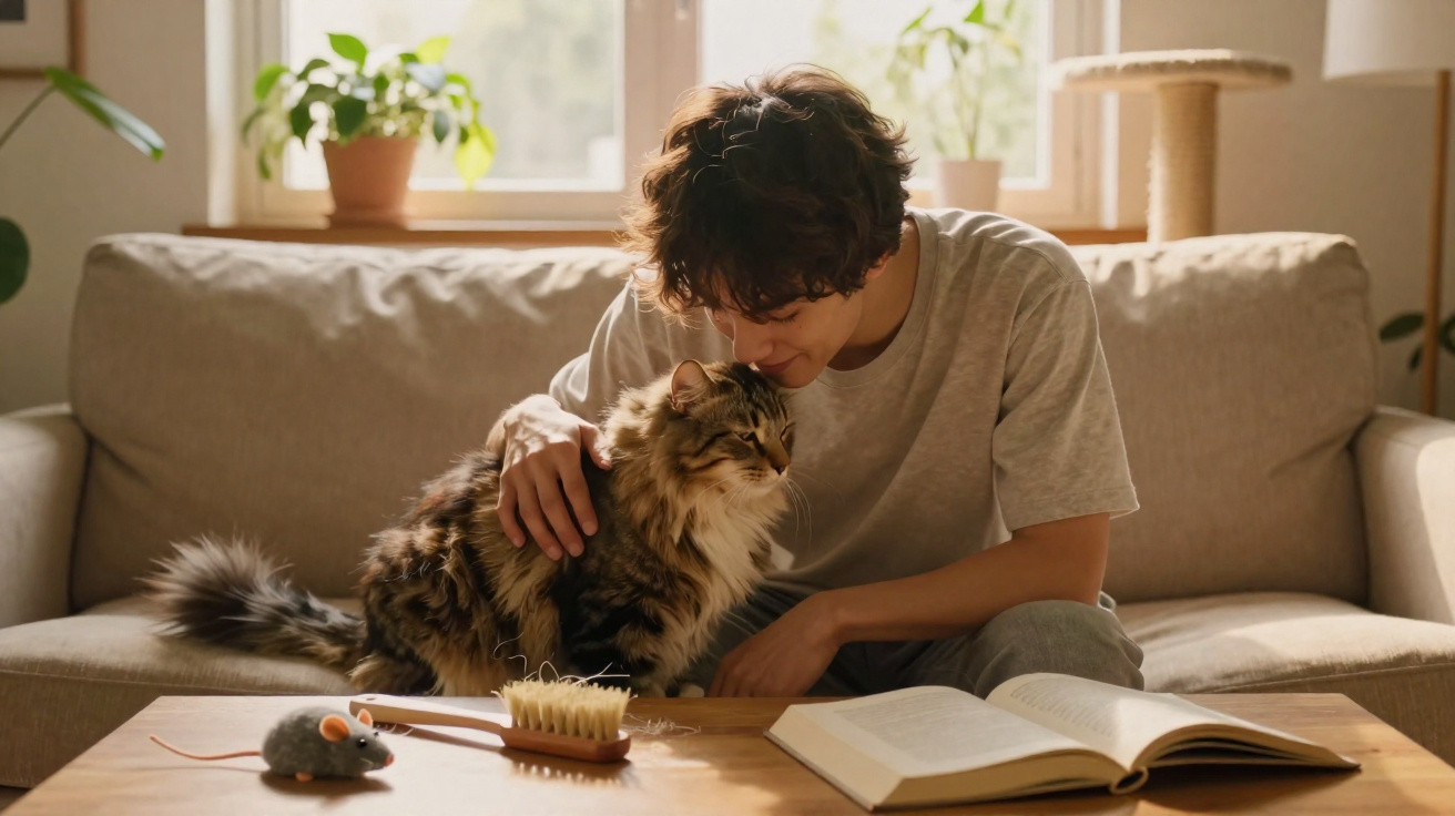 Junge sitzt auf Sofa und kuschelt mit einer langhaarigen Katze neben einem Buch auf dem Tisch.
