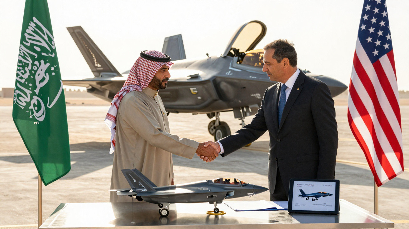 Zwei Männer schütteln sich vor Militärflugzeugen die Hand, umgeben von Saudi-Arabien- und USA-Flaggen.