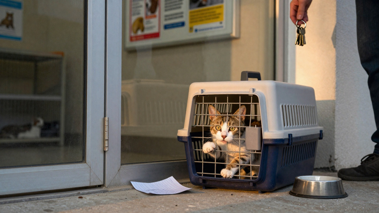 Katze in Transportbox vor Eingang mit Futternapf und Hand, die Schlüssel hält.