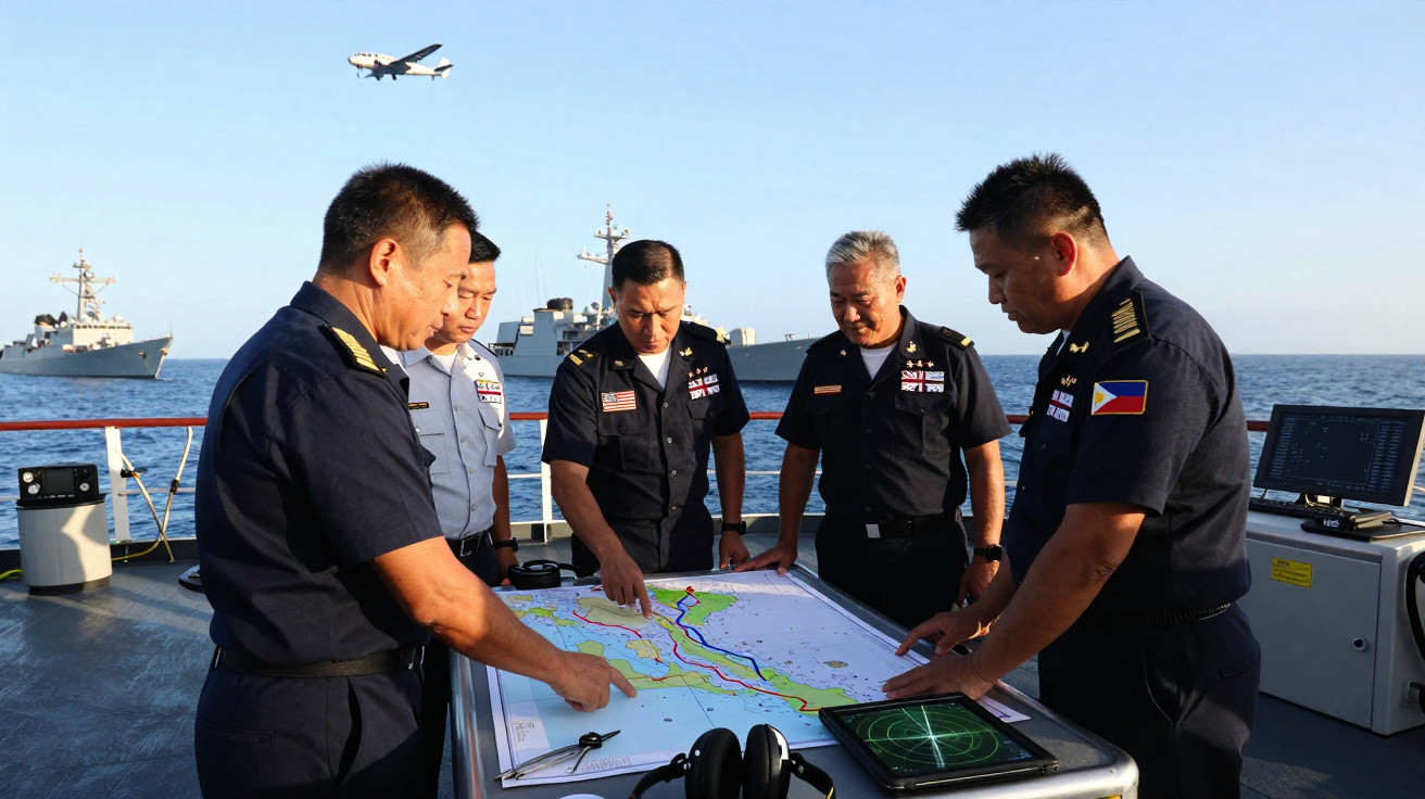 Fünf Marineoffiziere beraten sich über eine Seekarte an Bord eines Schiffes, Flugzeug und Schiffe im Hintergrund.